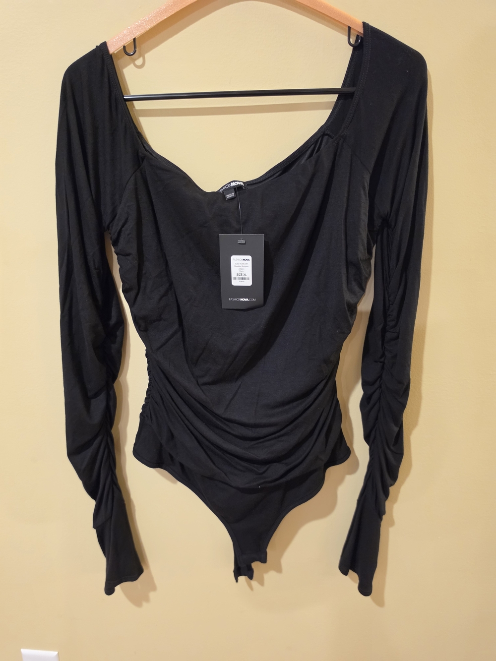 Fashion Nova Black Long-Sleeve Off-Shoulder Ruched Bodysuit